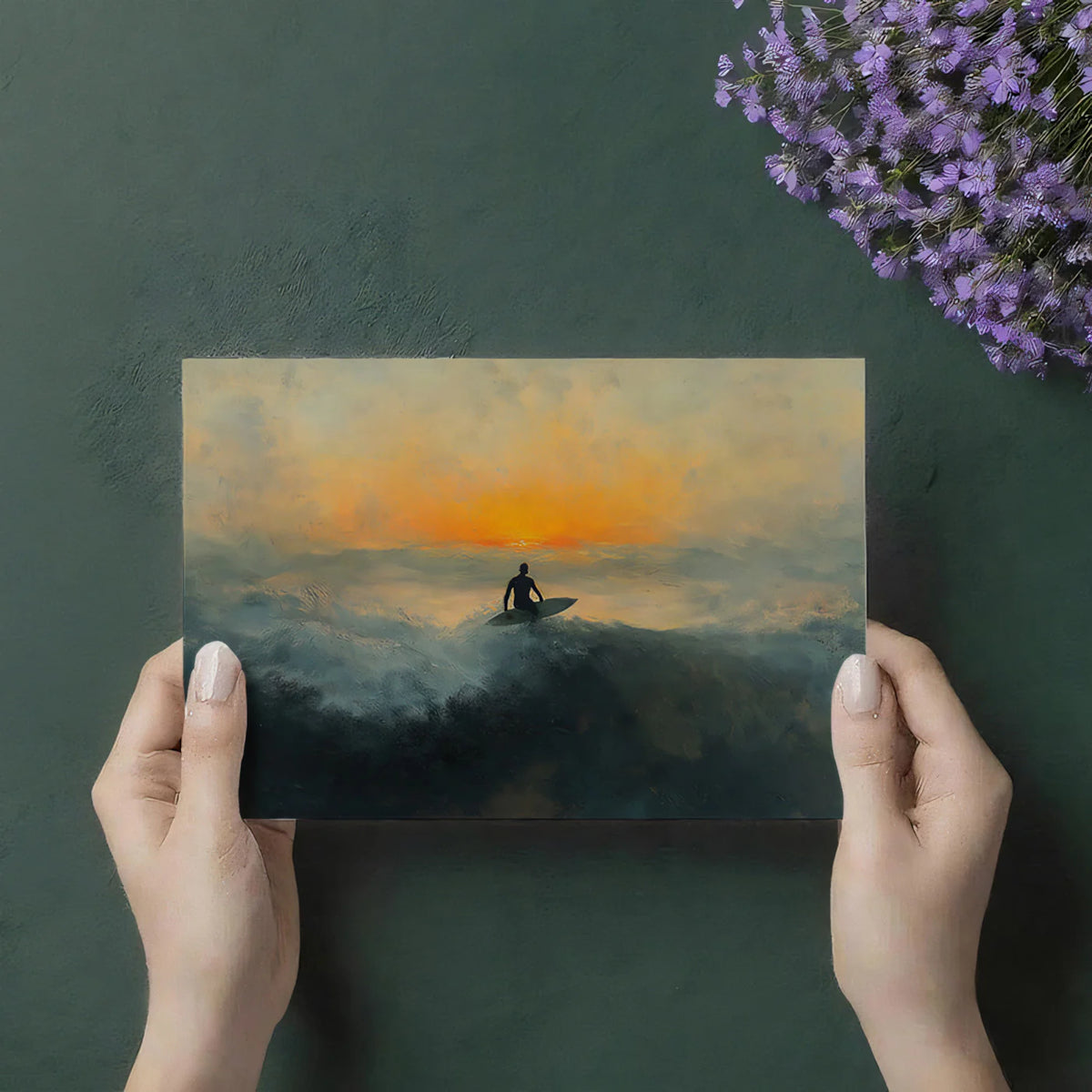 Lone Surfer Seascape Mural Wallpaper — Dramatic Oil Painting Style Mural Wallpaper - room preview 03