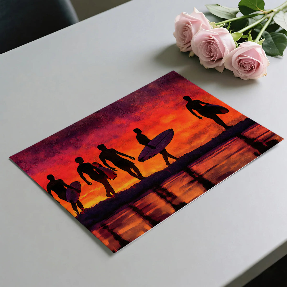 Surfer Silhouettes Mural Wallpaper — Vibrant Sunset Oil Painting Mural Wallpaper - room preview 03