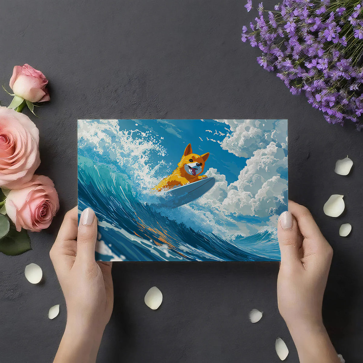 Corgi Surfing Ocean Wave Mural Wallpaper — Playful Coastal Art Mural Wallpaper - room preview 03