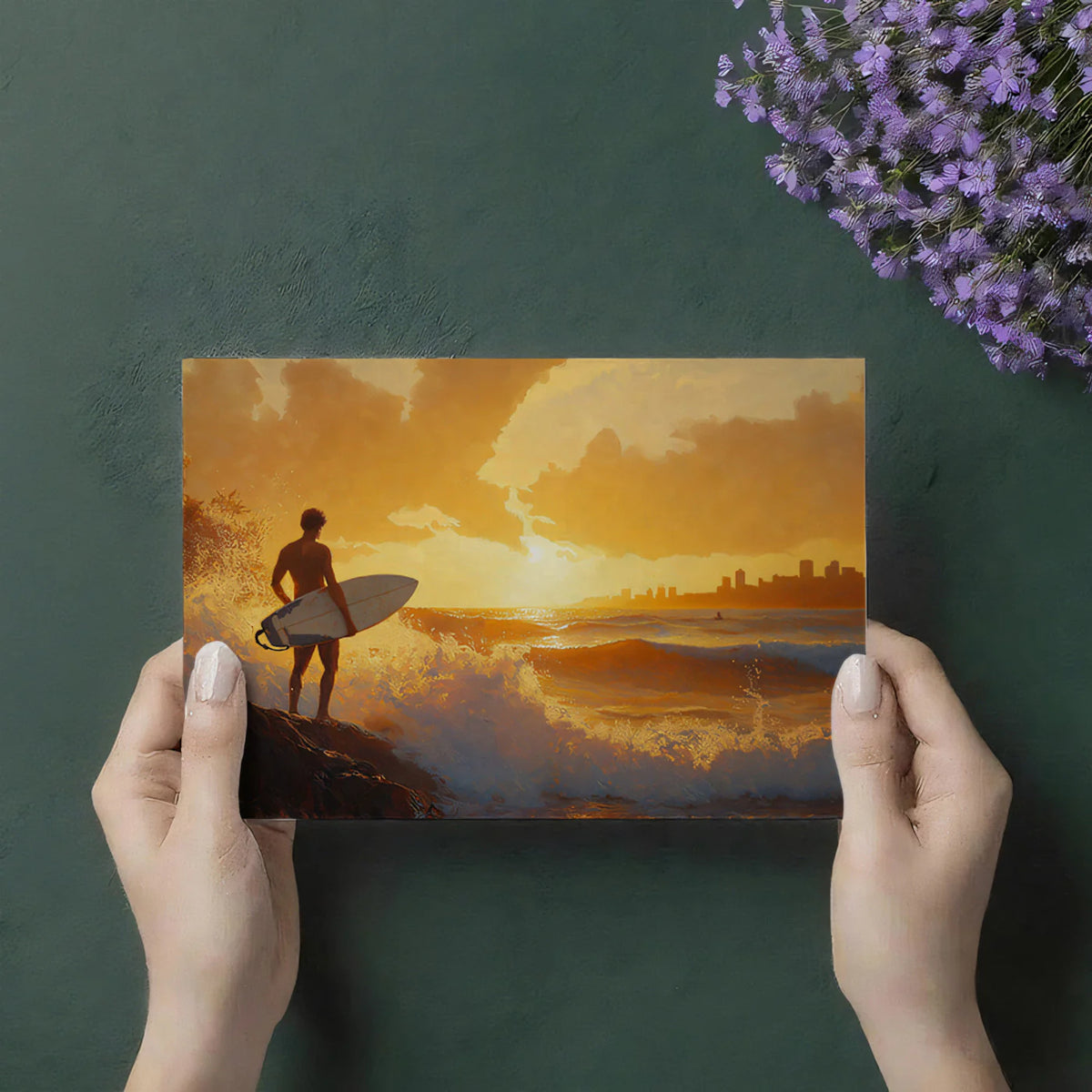 Coastal City Sunset Mural Wallpaper — Impressionist Surfer Scene Mural Wallpaper - room preview 03