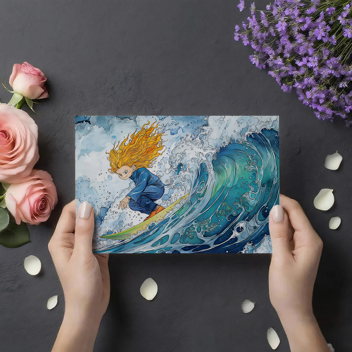 Surfer Girl Watercolor Mural Wallpaper — High-Energy Ocean Art Mural Wallpaper - room preview 03