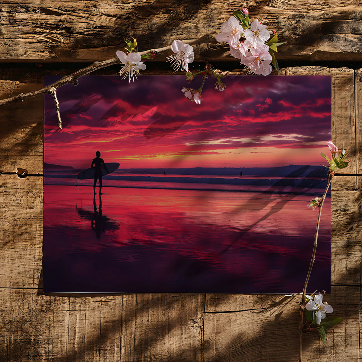 Crimson Sunset Surfer Mural Wallpaper — Dramatic Coastal Scene Mural Wallpaper - room preview 03
