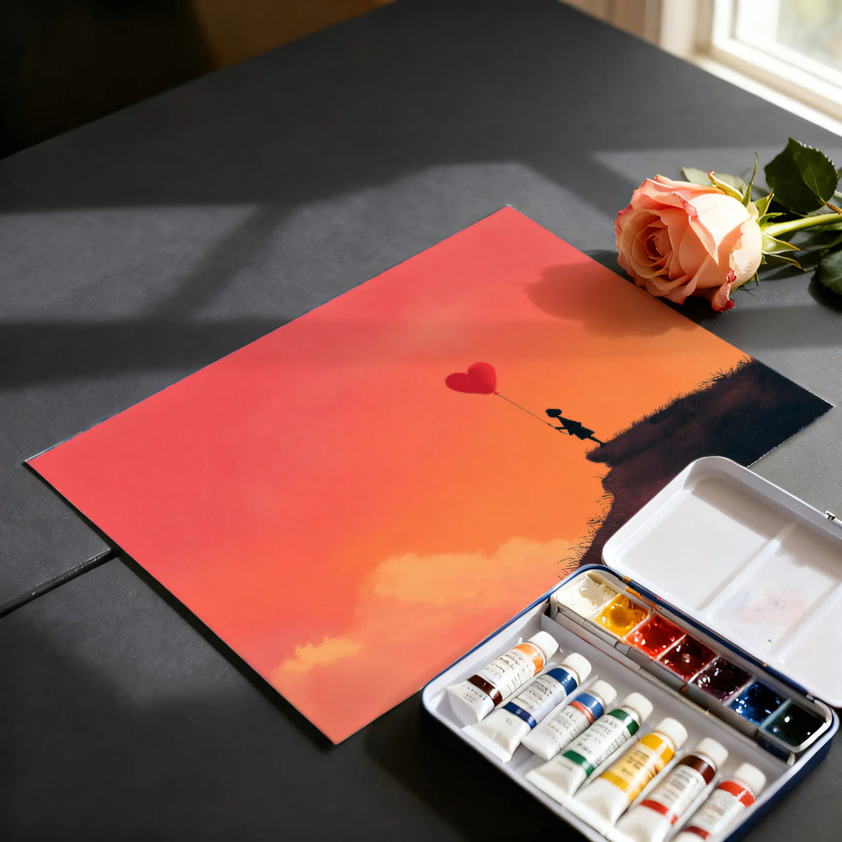 Child with Heart Balloon Mural Wallpaper — Artistic Sunset Silhouette Mural Wallpaper - room preview 03
