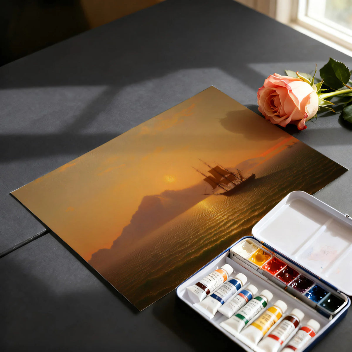 Golden Seascape Oil Painting Mural Wallpaper — Sunset Horizon Mural Wallpaper - room preview 03
