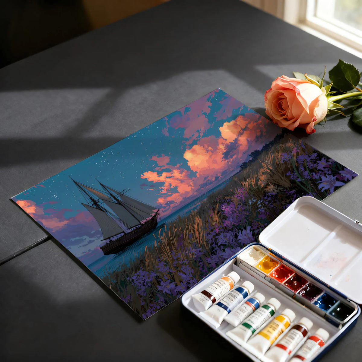 Twilight Sailing Schooner Mural Wallpaper — Artistic Coastal Scene Mural Wallpaper - room preview 03