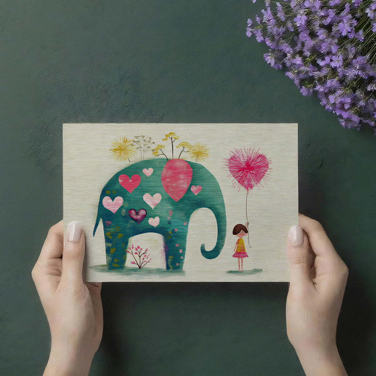 Folk Art Elephant Mural Wallpaper — Whimsical Botanical Design Mural Wallpaper - room preview 03
