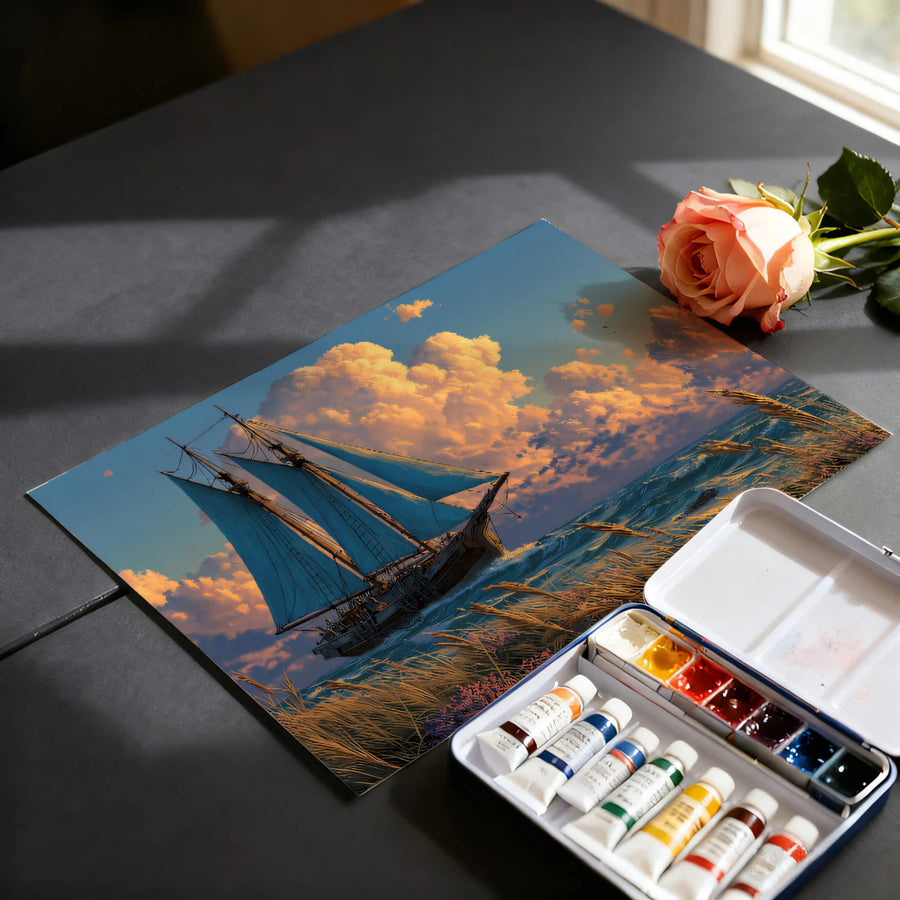 Küsten-Schoner-Sonnenuntergang-Wandbild-Tapete — Traumhafte marine Horizont-Wandbild-Tapete