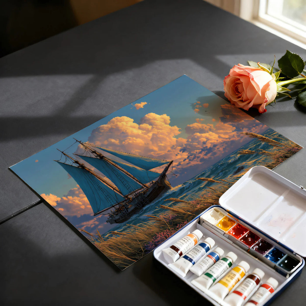 Coastal Schooner Sunset Mural Wallpaper — Dreamy Marine Horizon Mural Wallpaper - room preview 03