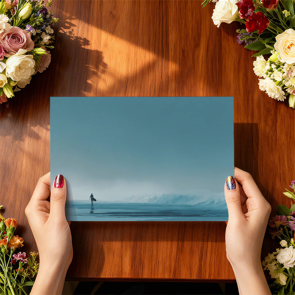 Lone Surfer Foggy Shore Mural Wallpaper — Minimalist Coastal Art Mural Wallpaper - room preview 03
