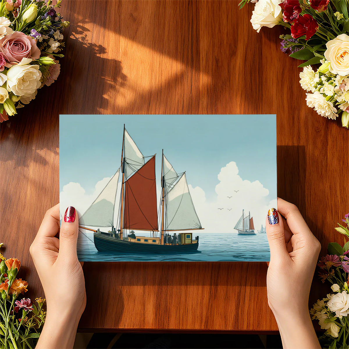 Nautical Sloop Sailboat Mural Wallpaper — Classic Maritime Illustration Mural Wallpaper - room preview 03