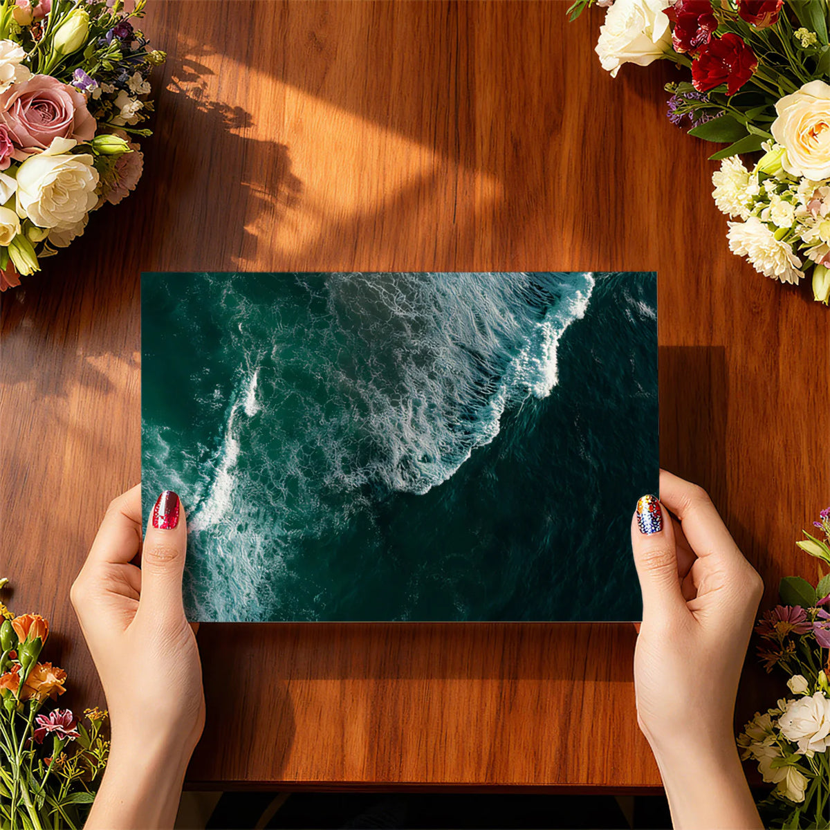 Aerial Ocean Wave Mural Wallpaper — Deep Teal and Foam Contrast Mural Wallpaper - room preview 03