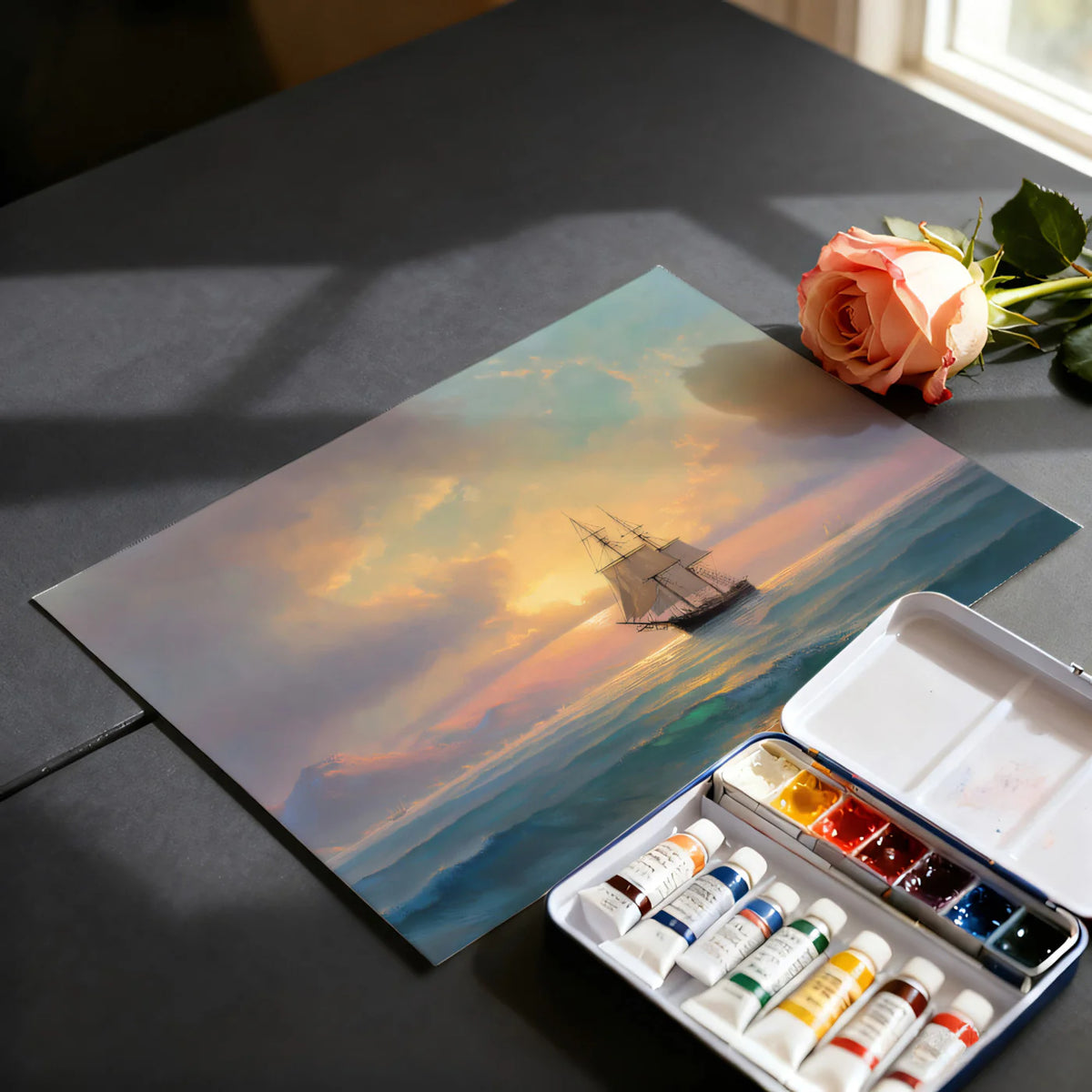 Sunset Seascape Sailing Mural Wallpaper Oil Painting, Misty Mountains, Warm and Cool Tones Mural Wallpaper - room preview 03