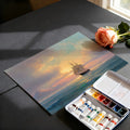 Sunset Seascape Sailing Mural Wallpaper Oil Painting, Misty Mountains, Warm and Cool Tones Mural Wallpaper - room preview 03