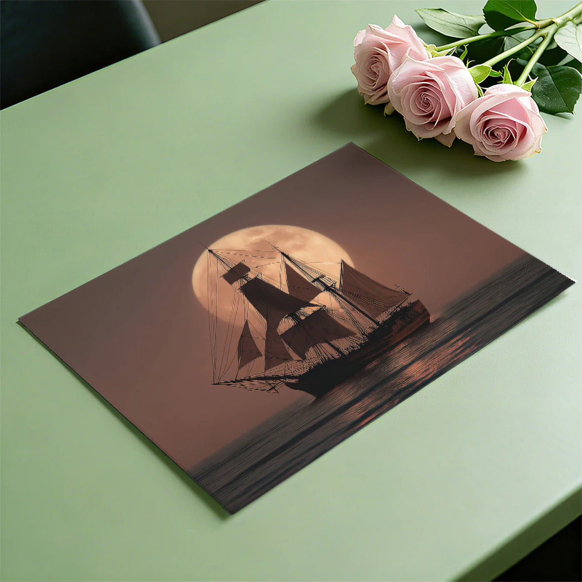 Full Moon Sailing Ship Mural Wallpaper — Romantic Seascape Design Mural Wallpaper - room preview 03