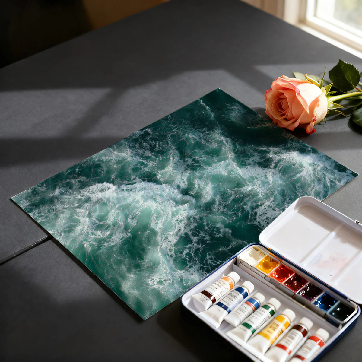 Aerial Ocean Wave Mural Wallpaper — Moody Deep Teal Seascape Mural Wallpaper - room preview 03