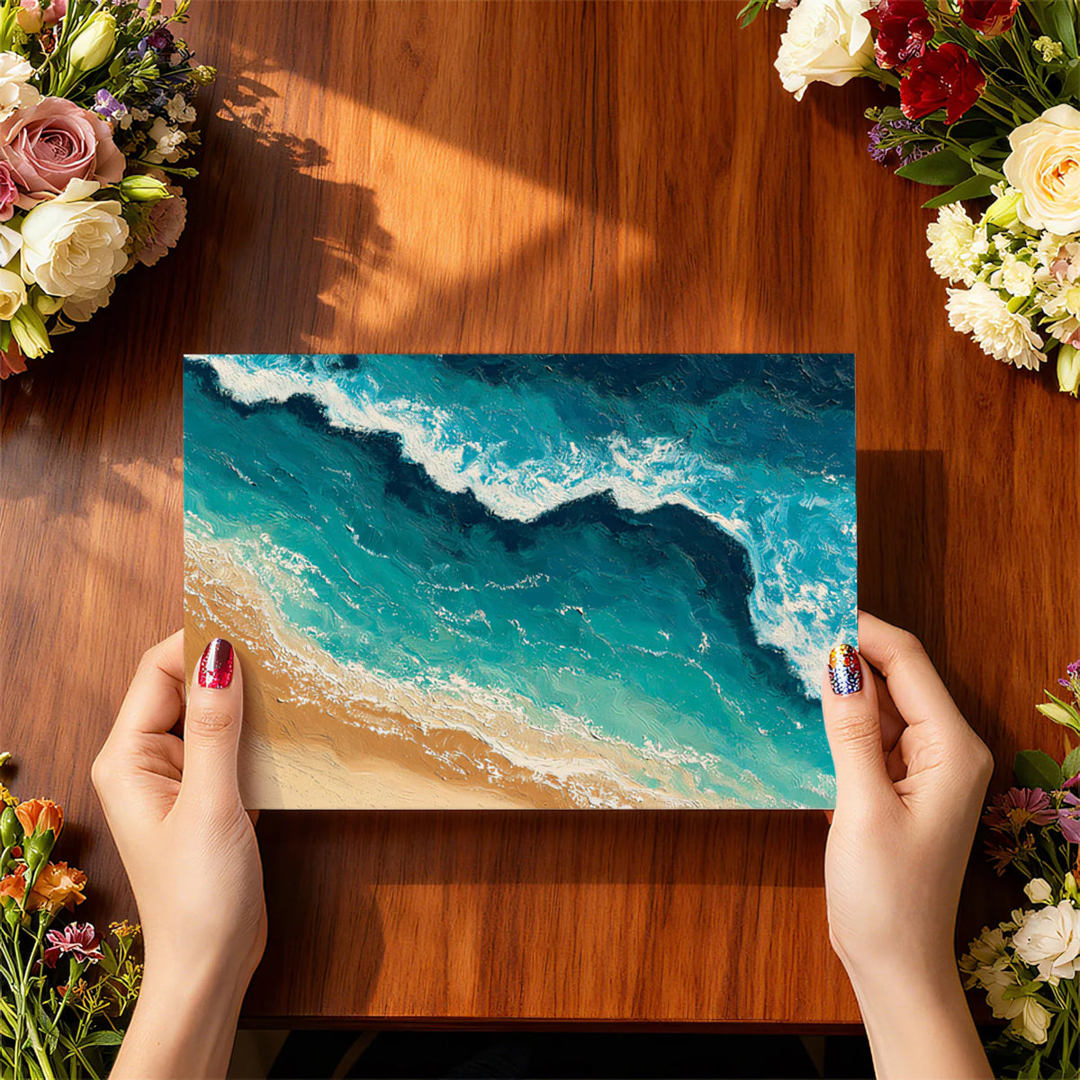 Aerial Ocean Waves Mural Wallpaper — Painterly Coastal Art Mural Wallpaper - room preview 03