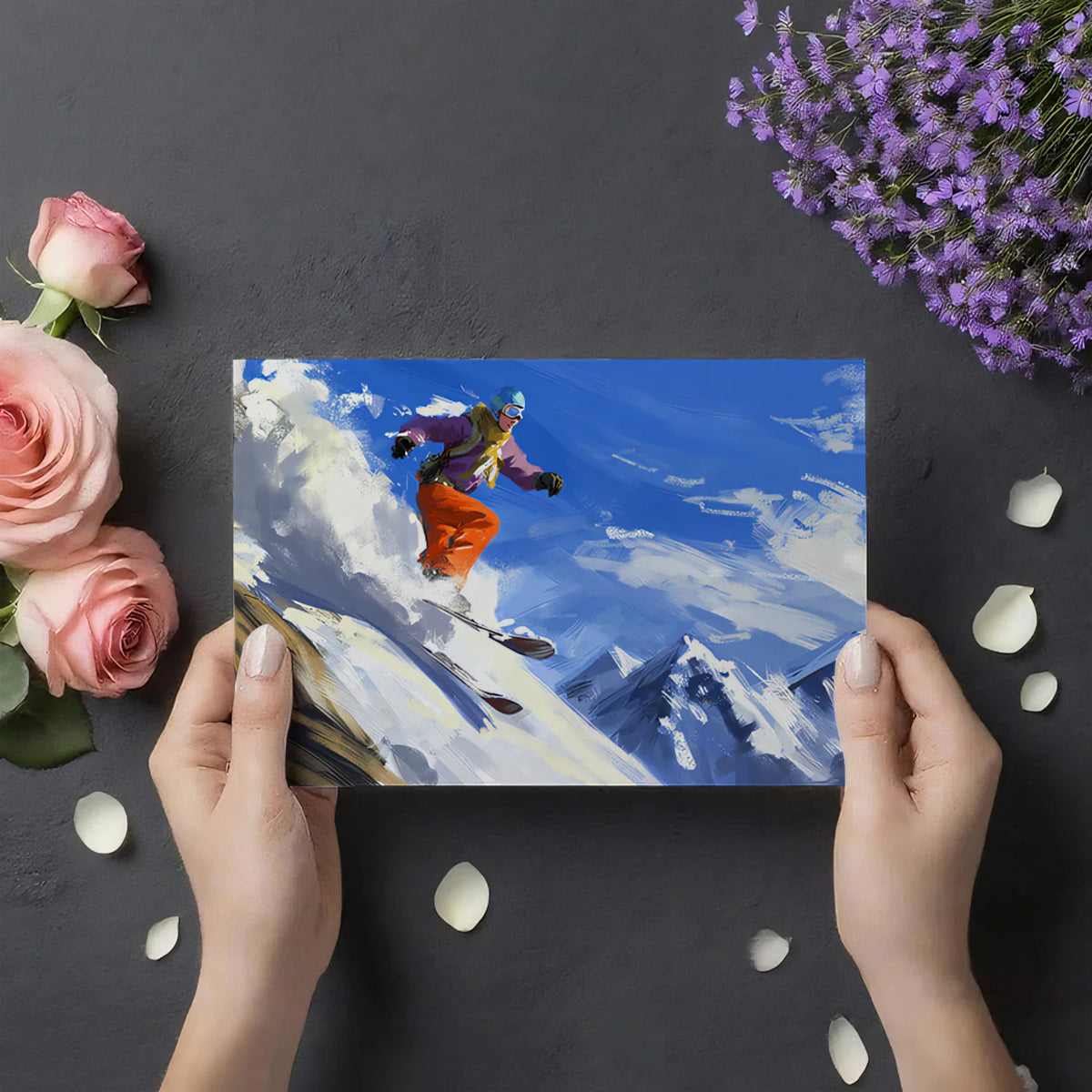 Ski Slope Action Mural Wallpaper — Expressionist Mountain Art Mural Wallpaper - room preview 03