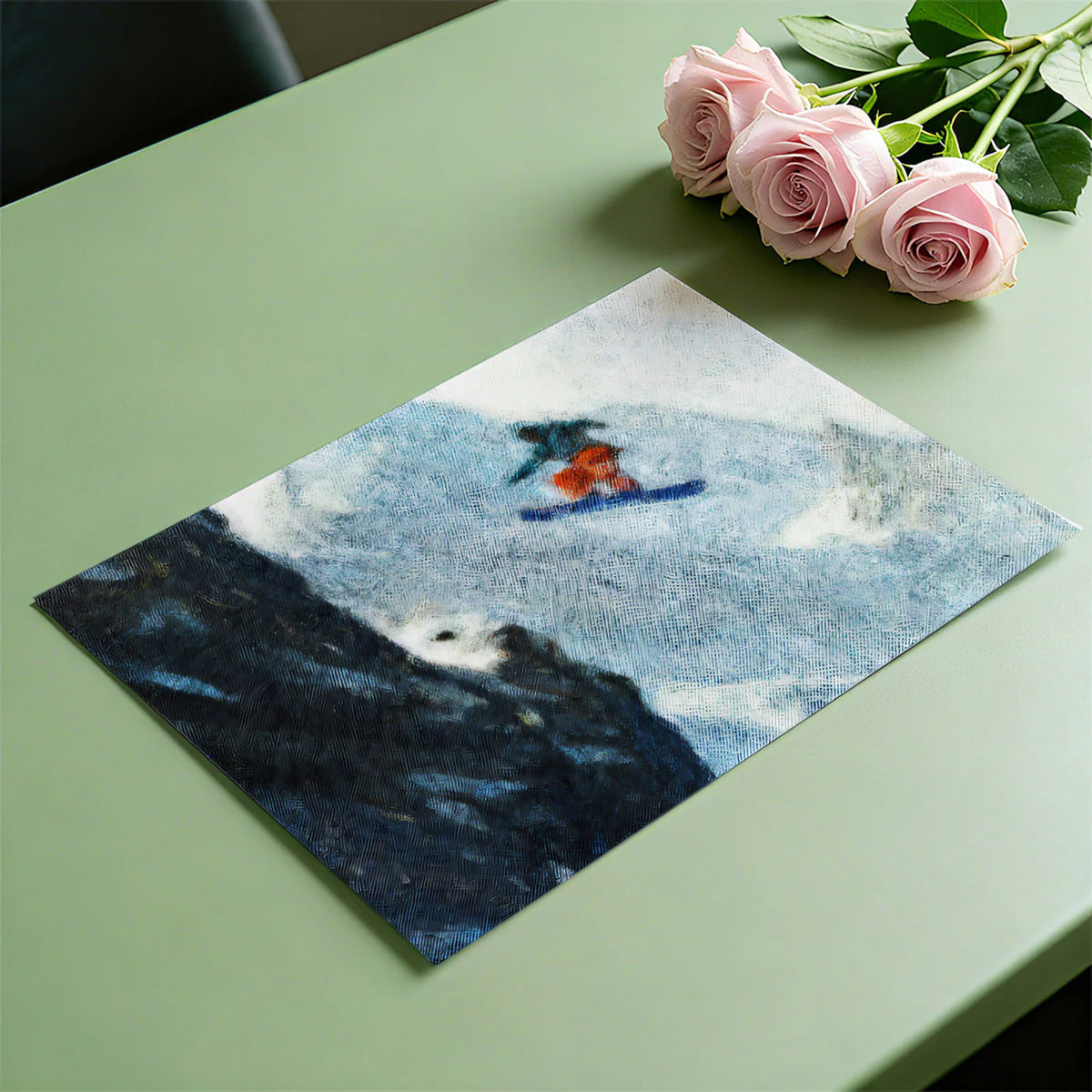 Snowboarder Descent Mural Wallpaper — Oil Painting Mountain Art Mural Wallpaper - room preview 03