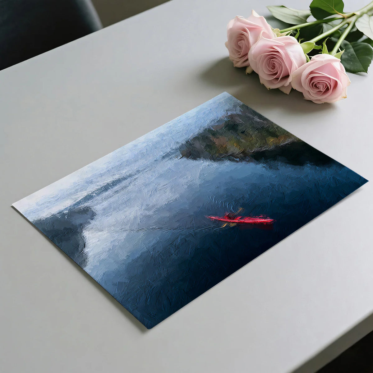 Red Kayak Forest River Mural Wallpaper Aerial View, Oil Painting, Moody Tones, Natural Landscape Mural Wallpaper - room preview 03