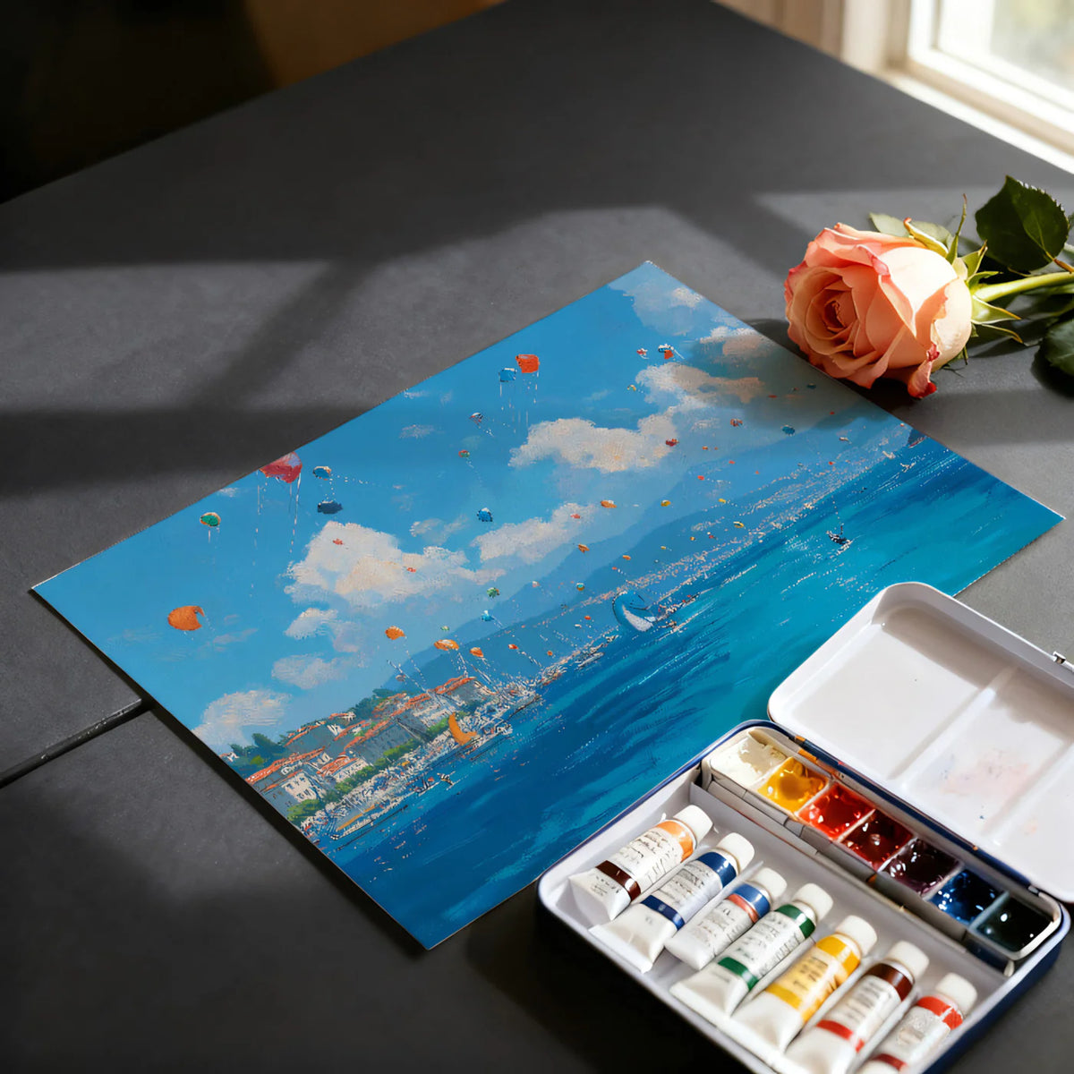 Mediterranean Kite Festival Mural Wallpaper — Coastal Oil Painting Mural Wallpaper - room preview 03