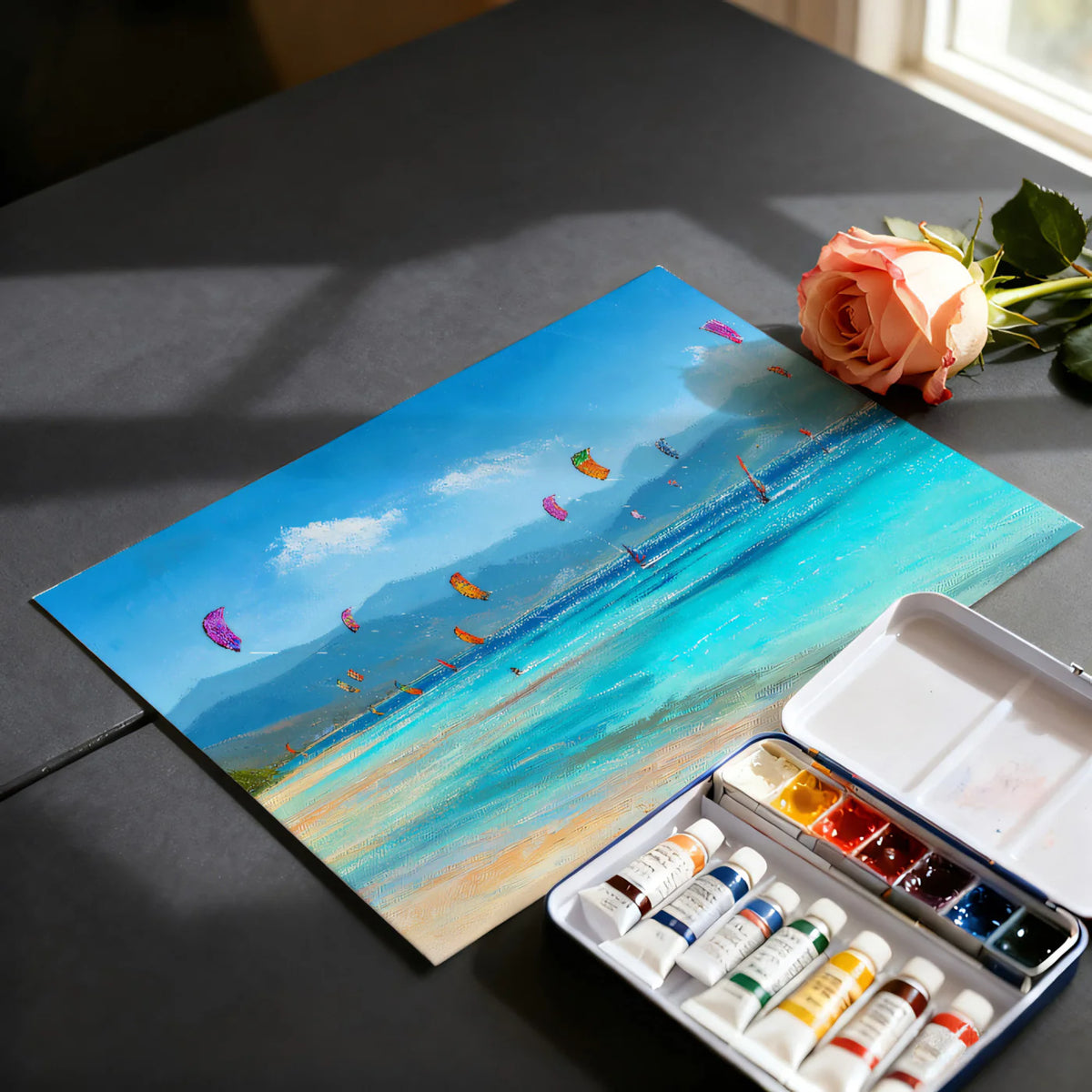 Kite Surfing Coastal Mural Wallpaper — Expressionist Seascape Mural Wallpaper - room preview 03
