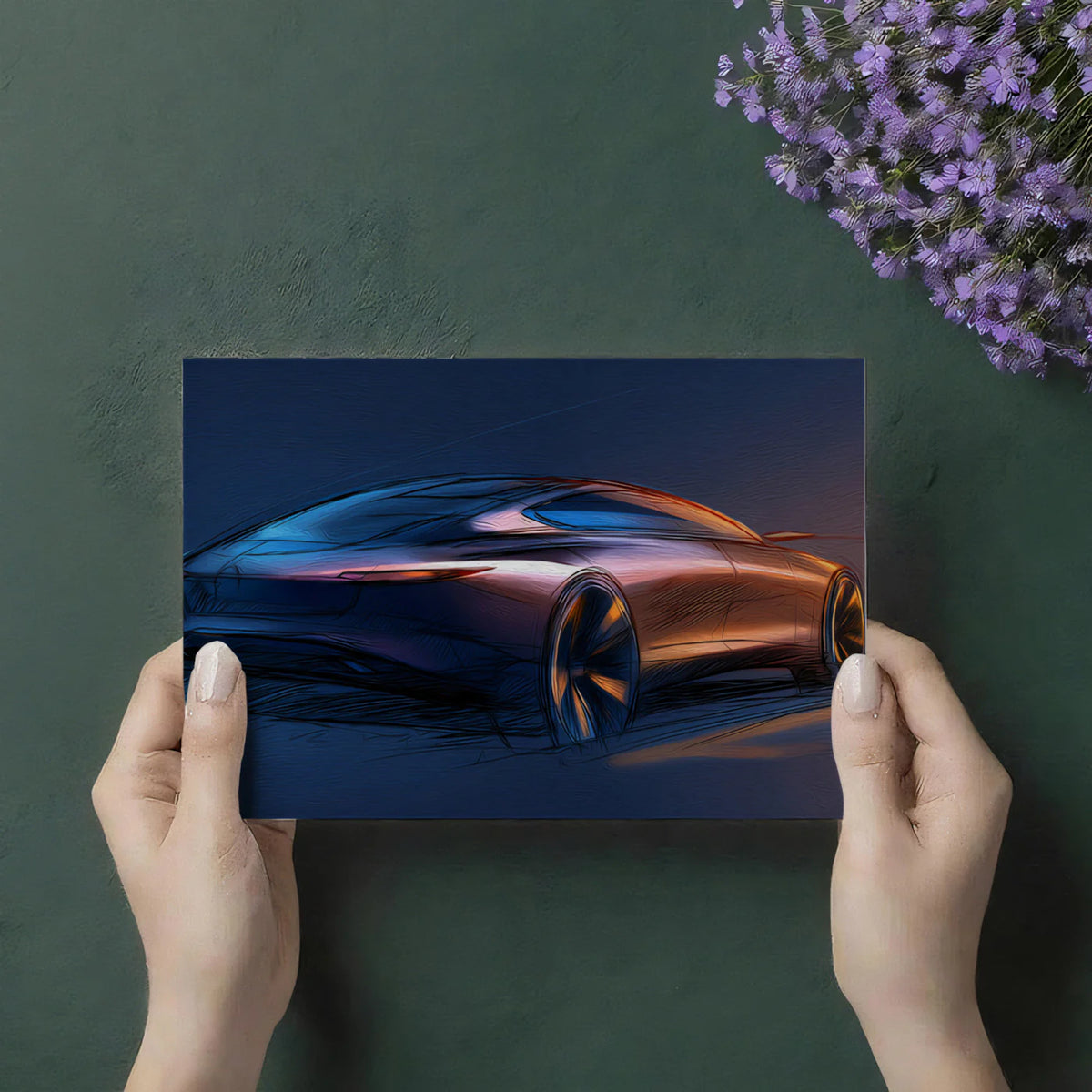 Futuristic Sports Car Sketch Mural Wallpaper —Bold Concept Art Mural Wallpaper - room preview 03