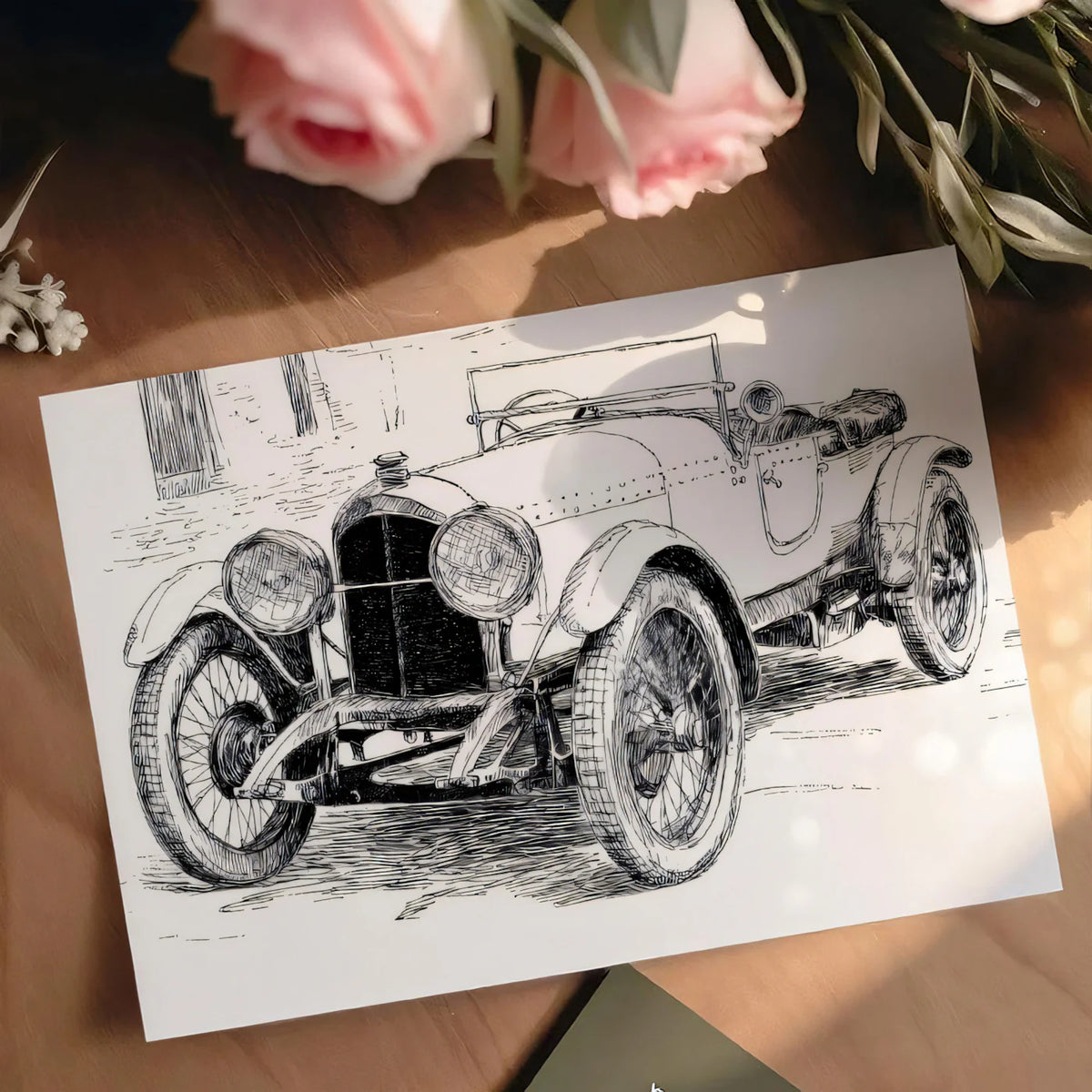 Vintage Roadster Sketch Mural Wallpaper — Classic Automotive Art Mural Wallpaper - room preview 03