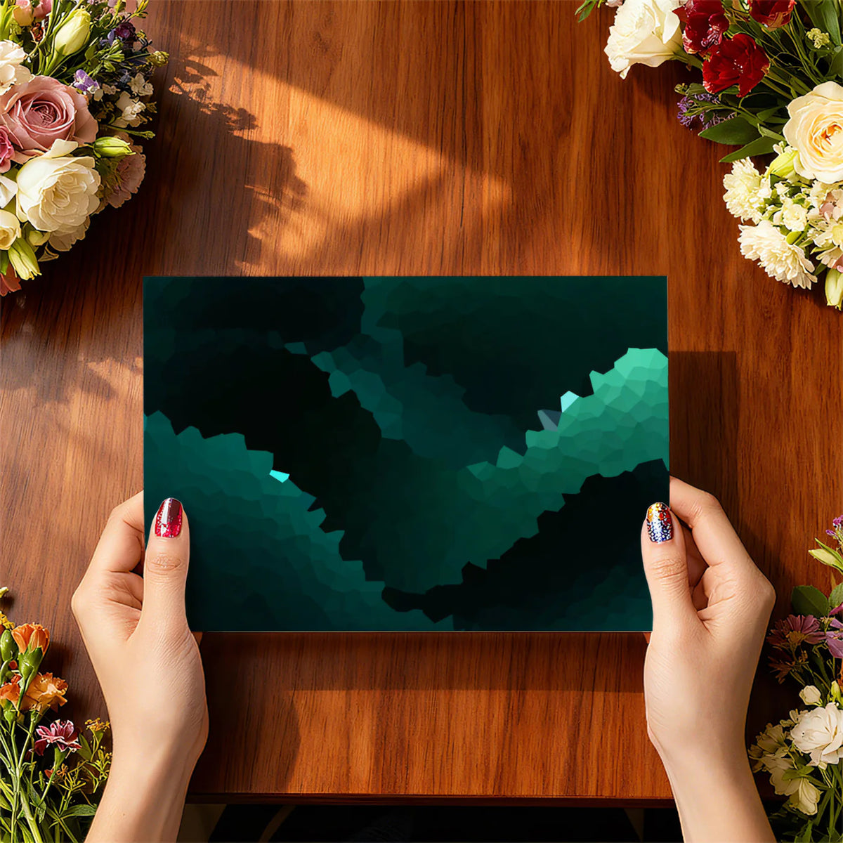 Deep Teal Geometric Mosaic Mural Wallpaper — Moody Abstract Design Mural Wallpaper - room preview 03