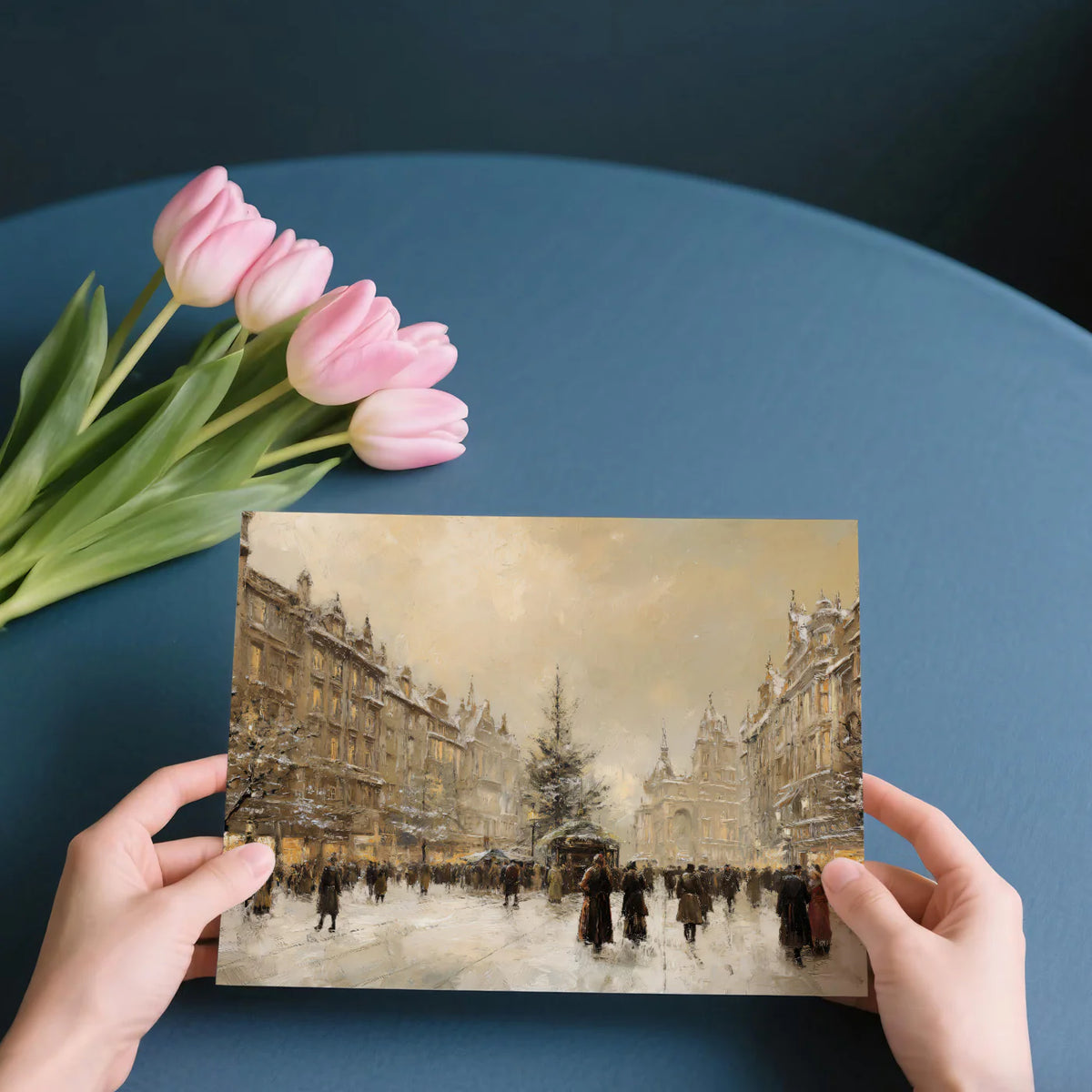 Snowy European Cityscape Mural Wallpaper — Vintage Oil Painting Style Mural Wallpaper - room preview 03