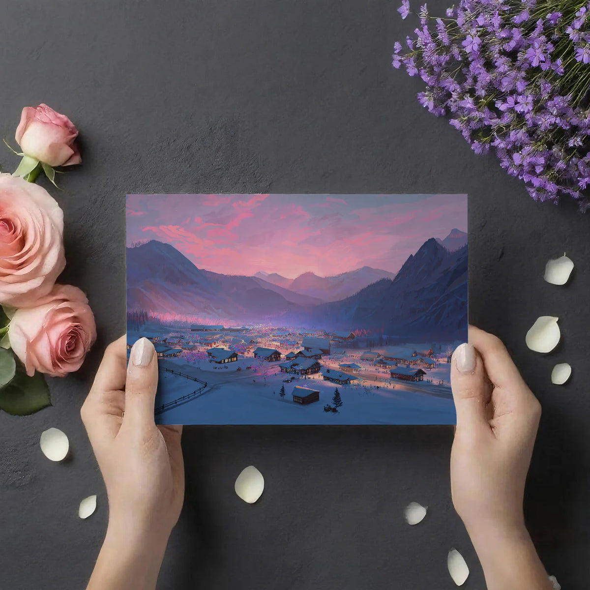 Alpine Snowy Village Mural Wallpaper — Sunset Winter Mountain Scene Mural Wallpaper - room preview 03