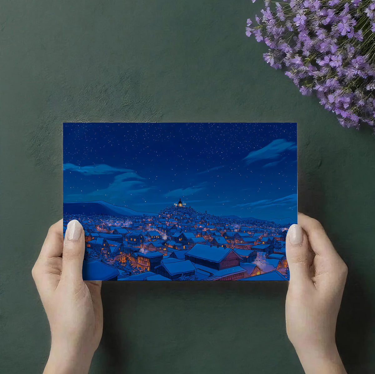Snowy Village Night Mural Wallpaper — Cozy Winter Illustration Mural Wallpaper - room preview 03