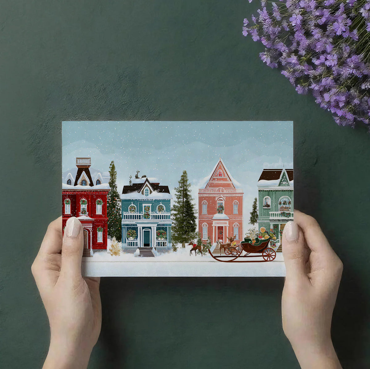 Winter Village Street Mural Wallpaper — Holiday Townhouse Scene Mural Wallpaper - room preview 03