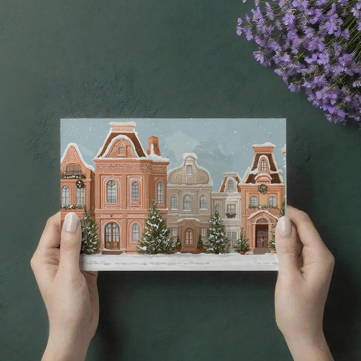 Winter Village Street Mural Wallpaper — Watercolor Festive Scene Mural Wallpaper - room preview 03