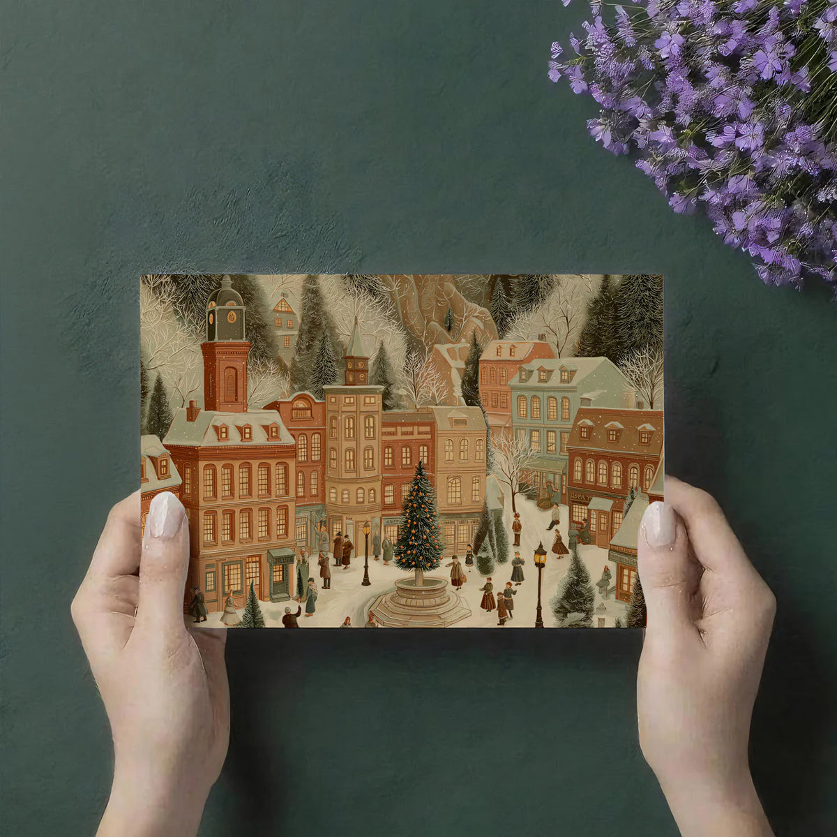 Victorian Town Square Mural Wallpaper — Vintage Holiday Scene Mural Wallpaper - room preview 03