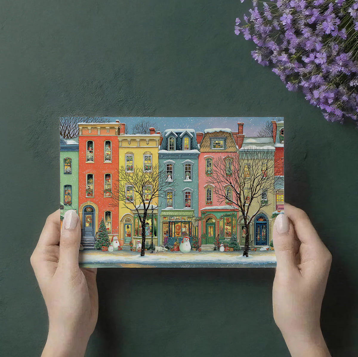 Snowy Row House Mural Wallpaper — Festive Folk Art Street Scene Mural Wallpaper - room preview 03