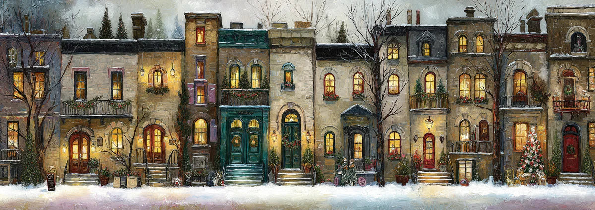 Snowy Townhouse Holiday Mural Wallpaper — Festive Oil Painting Mural Wallpaper - room preview 03