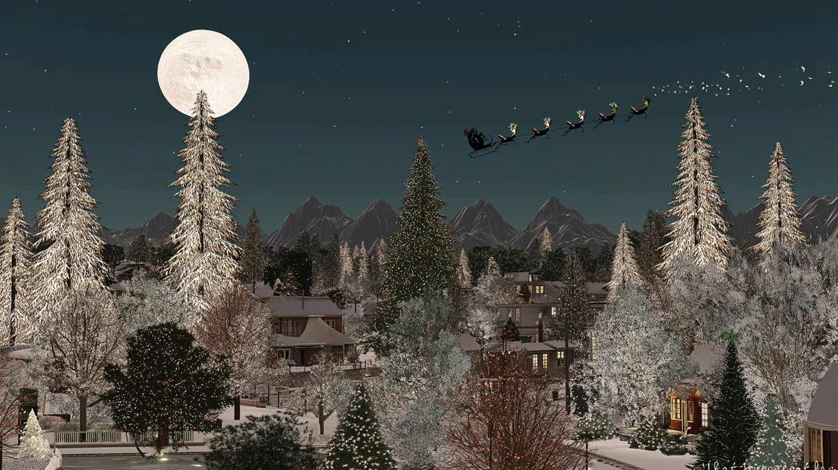 Santa Night Flight Mural Wallpaper — Winter Forest Holiday Scene Mural Wallpaper - room preview 03