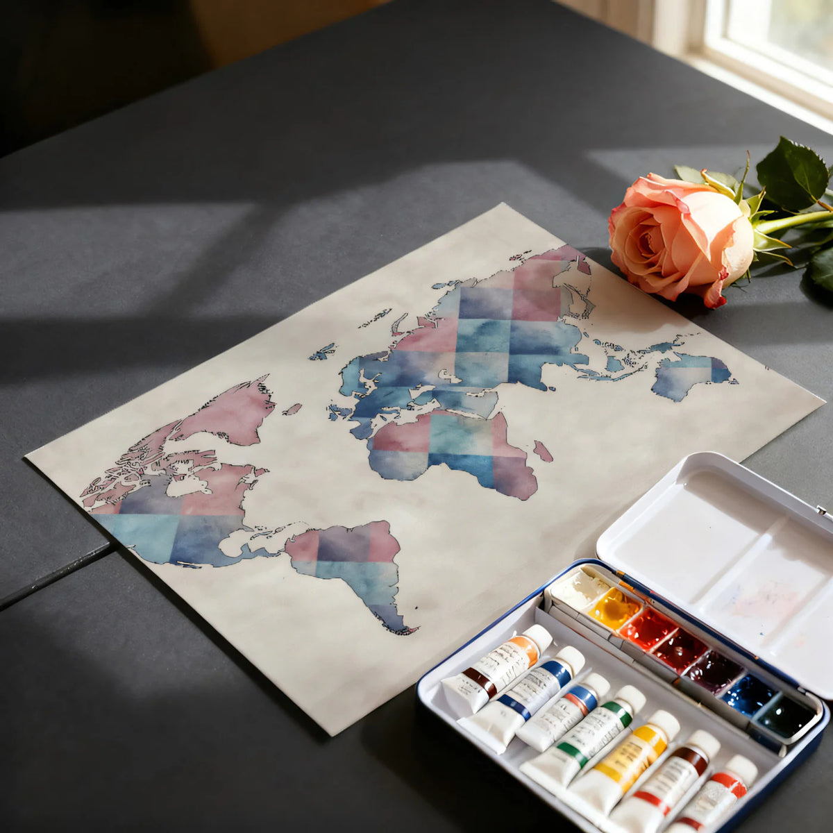 Watercolor Argyle World Map Mural — Soft Geometric Cartography Mural Wallpaper - room preview 03