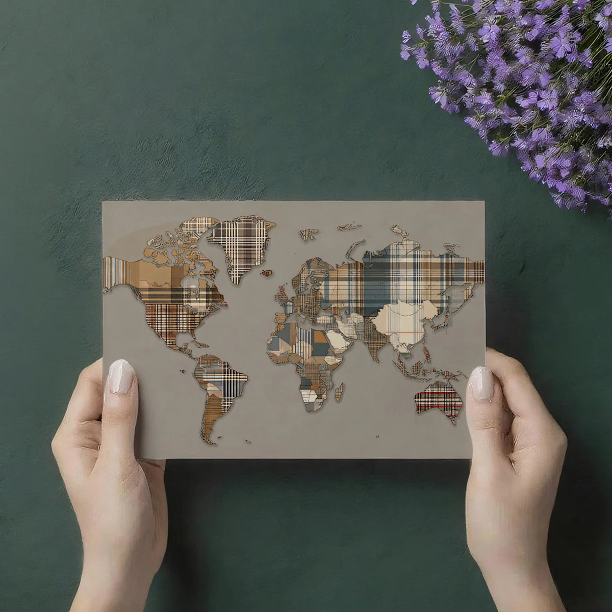 Plaid Patchwork World Map Mural Wallpaper — Earthy Rustic Decor Mural Wallpaper - room preview 03
