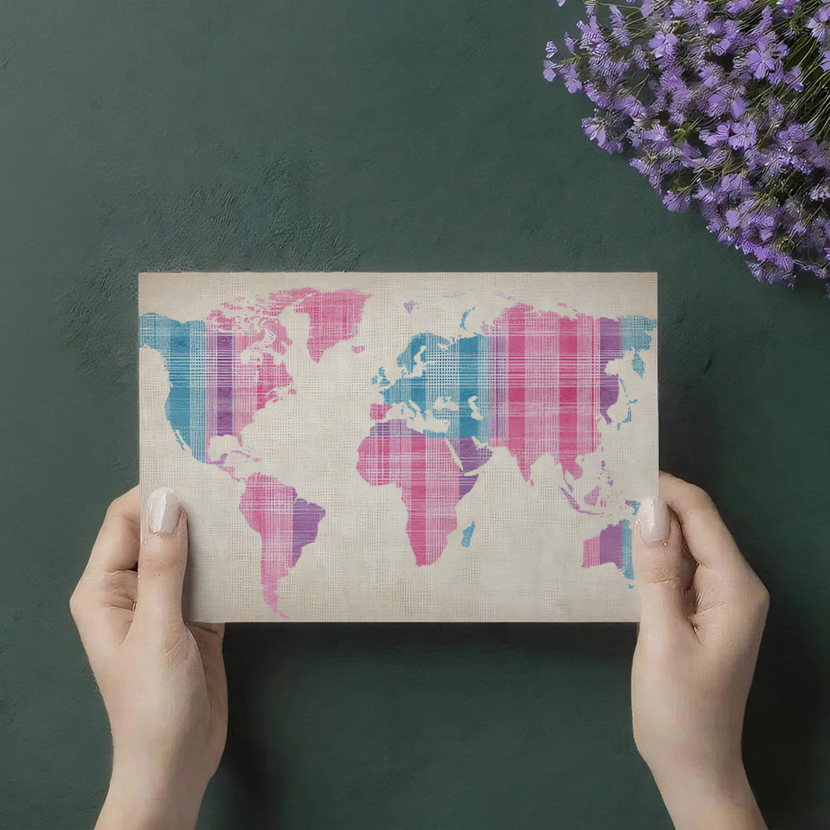 Plaid World Map Mural Wallpaper — Soft Pastel Geographic Art Mural Wallpaper - room preview 03