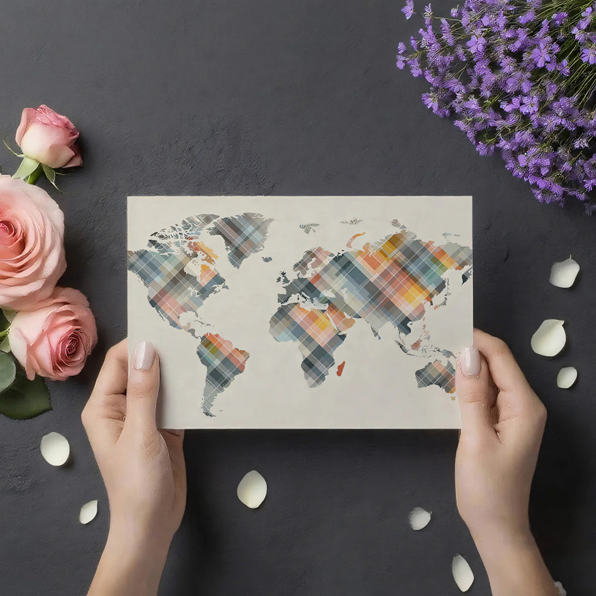 Pixel Plaid World Map Mural Wallpaper — Geometric Cartography Mural Wallpaper - room preview 03