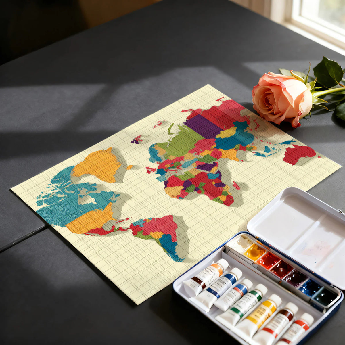 Graphic World Map Mural Wallpaper — Multi-Color Grid Design Mural Wallpaper - room preview 03
