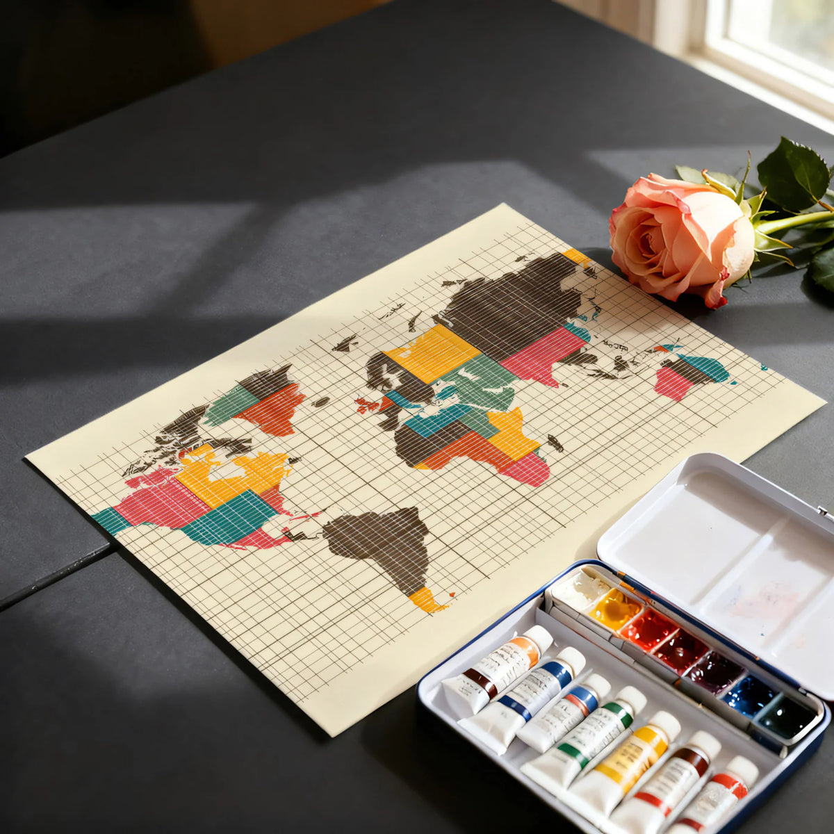 Mid-Century Grid World Map Mural Wallpaper — Retro Graphic Design Mural Wallpaper - room preview 03