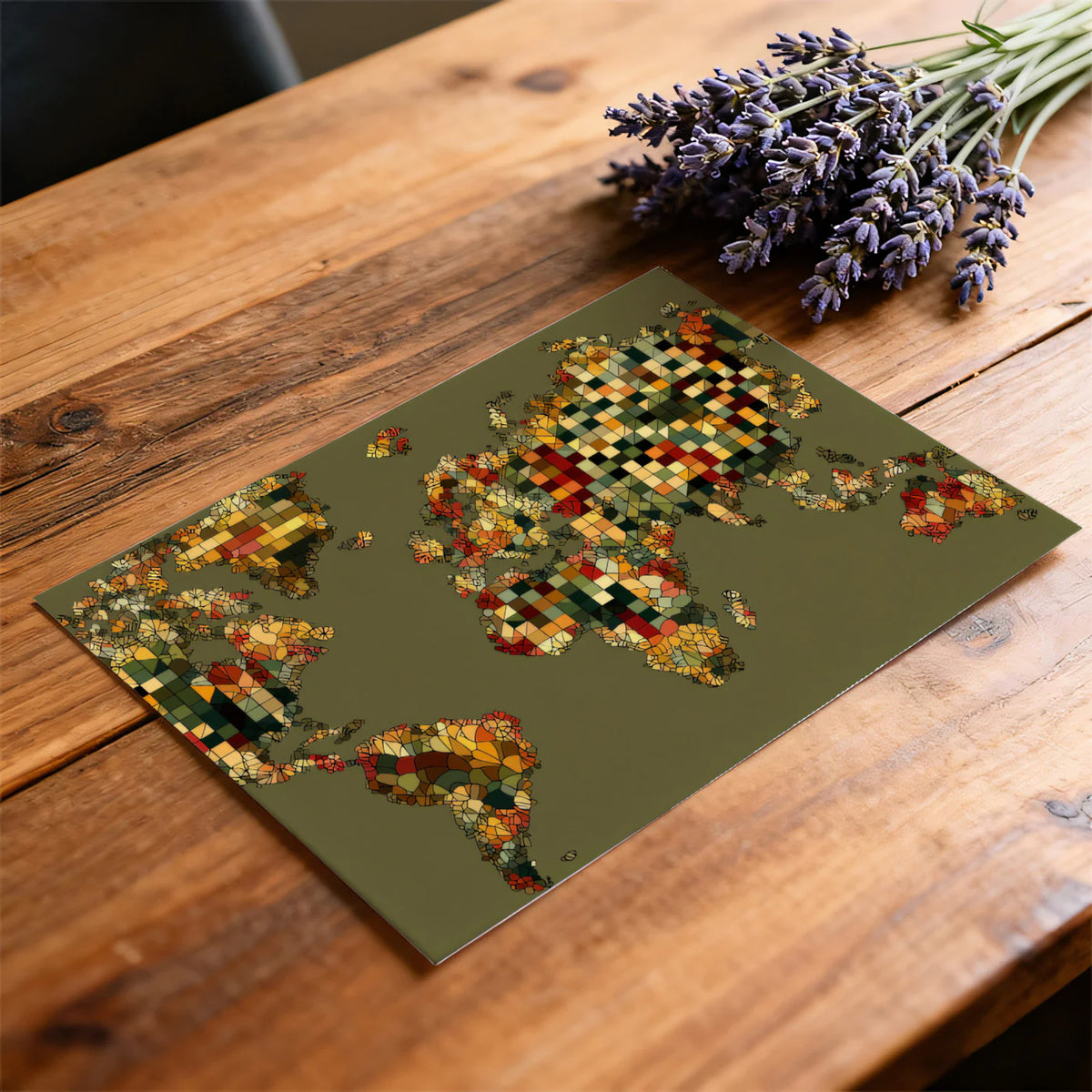 Floral Mosaic World Map Mural Wallpaper — Earthy Abstract Art Mural Wallpaper - room preview 03
