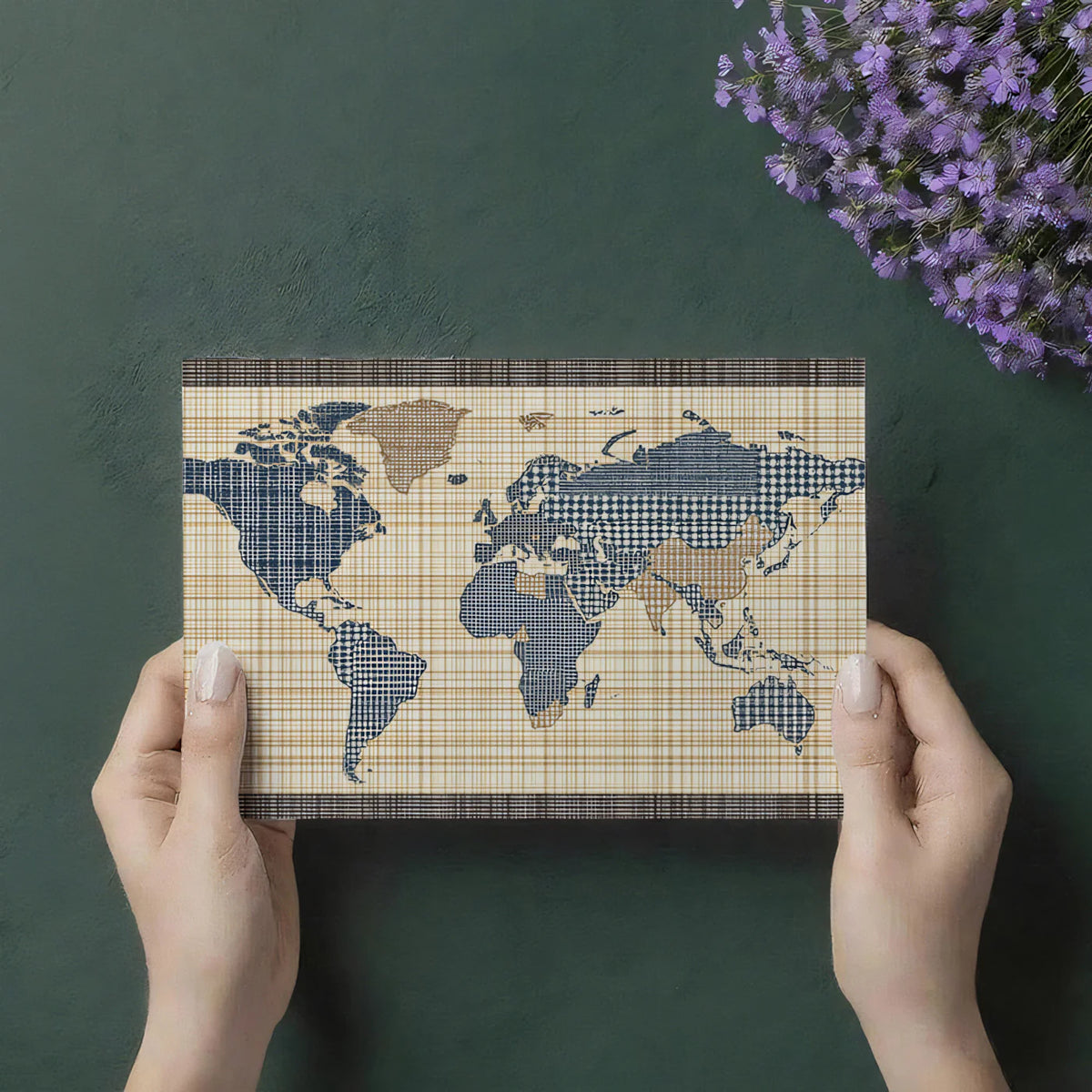 Textured World Map Mural Wallpaper — Navy and Tan Plaid Mural Wallpaper - room preview 03