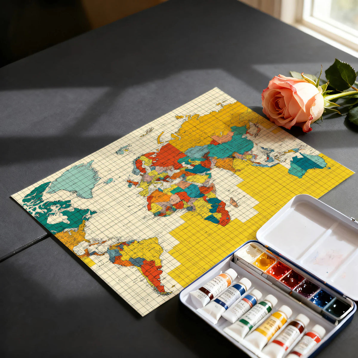 Vintage Political World Map Mural Wallpaper — Retro Mid-Century Grid Mural Wallpaper - room preview 03