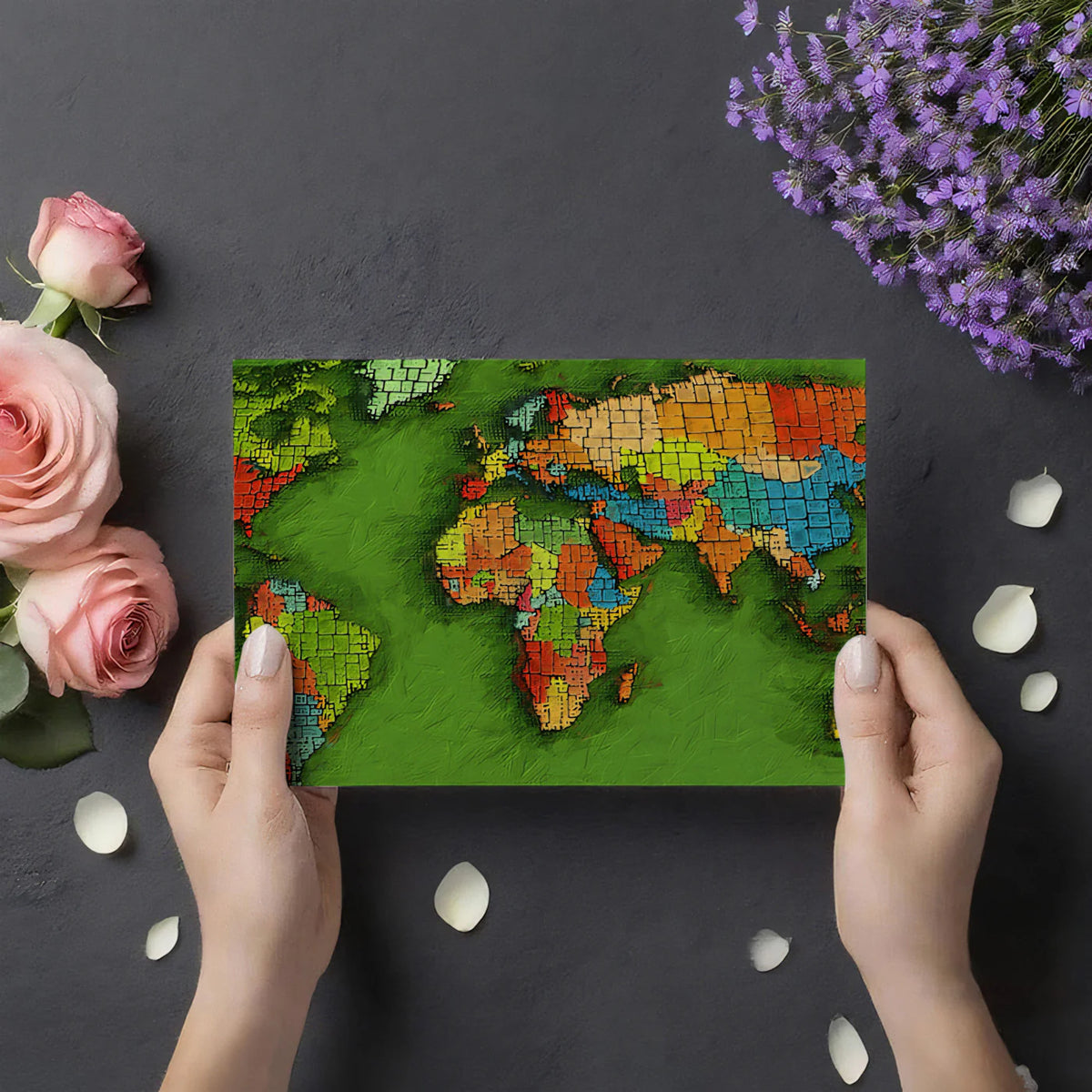 Mosaic World Map Mural Wallpaper — Artistic Painted Global Design Mural Wallpaper - room preview 03
