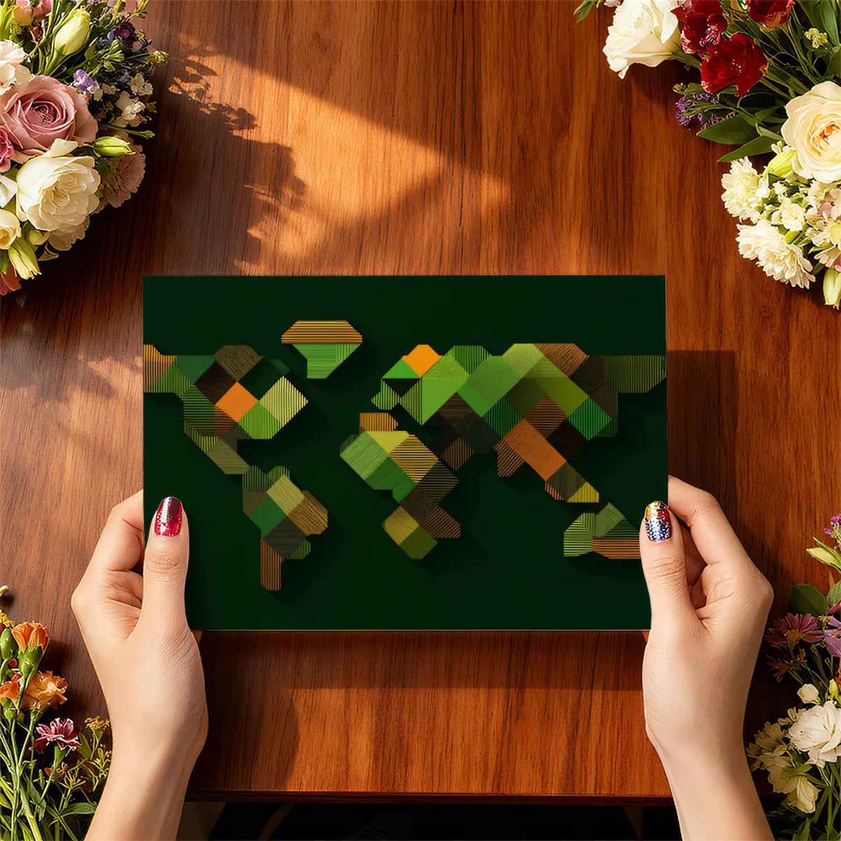 Abstract Geometric World Map Mural Wallpaper — Deep Green Tones Mural Wallpaper - room preview 03