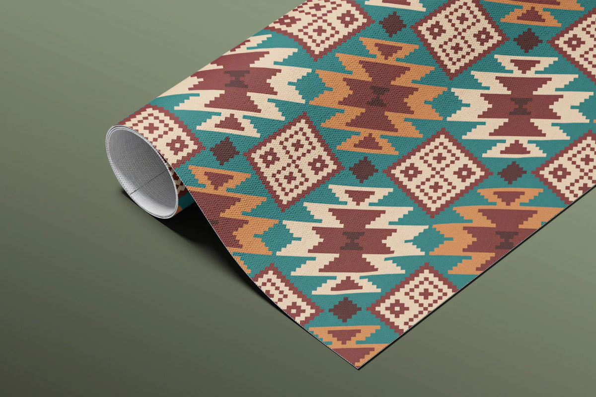 Geometric Ikat Motif Mural Wallpaper — Teal, Ochre and Maroon Mural Wallpaper - room preview 03
