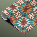 Geometric Ikat Motif Mural Wallpaper — Teal, Ochre and Maroon Mural Wallpaper - room preview 03